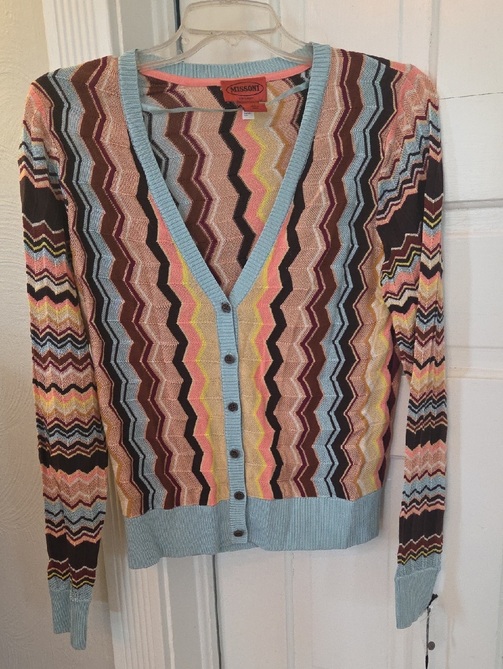 Missoni Multicolor Zigzag V-Neck Cardigan - Light Blue Trim